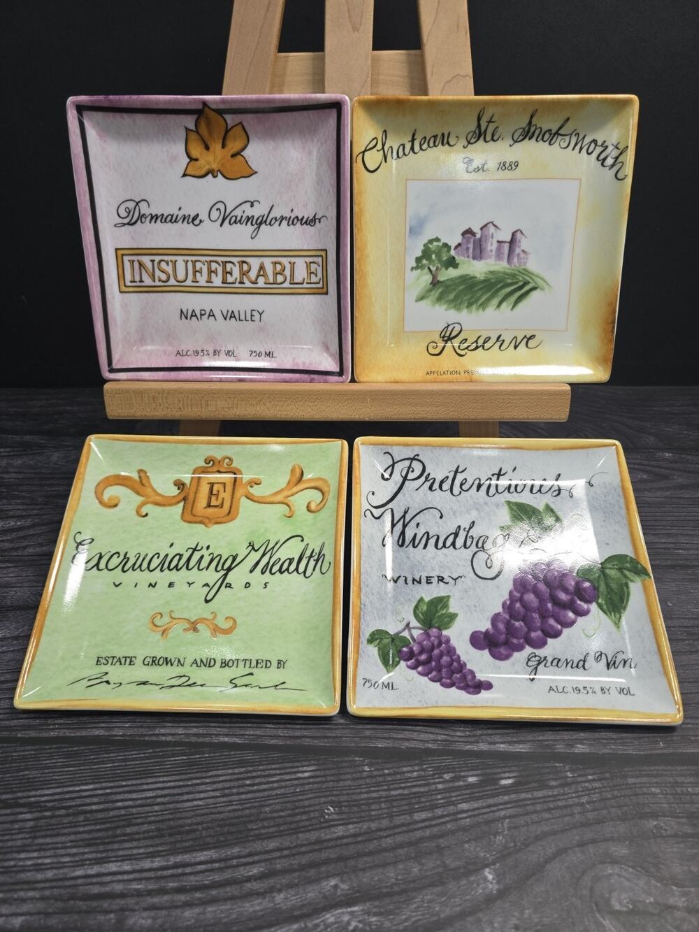 VTG Boston Warehouse "Wine Snobs" Porcelain Plates Set of 4 Jill Seale Boxed EUC